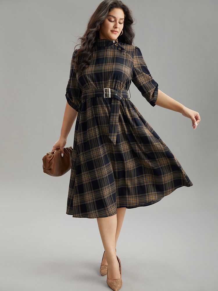 

Plus Size Mock Neck Plaid Buckle Detail Belted Dress Indigo Women Office Belted Mock Neck Elbow-length sleeve Curvy Midi Dress BloomChic