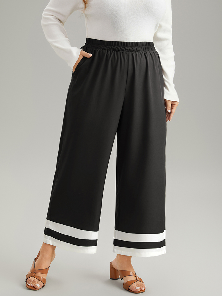 

Plus Size Contrast Trim Slant Pocket Elastic Waist Pants Women Black Vacation Straight Leg High Rise Dailywear Pants BloomChic