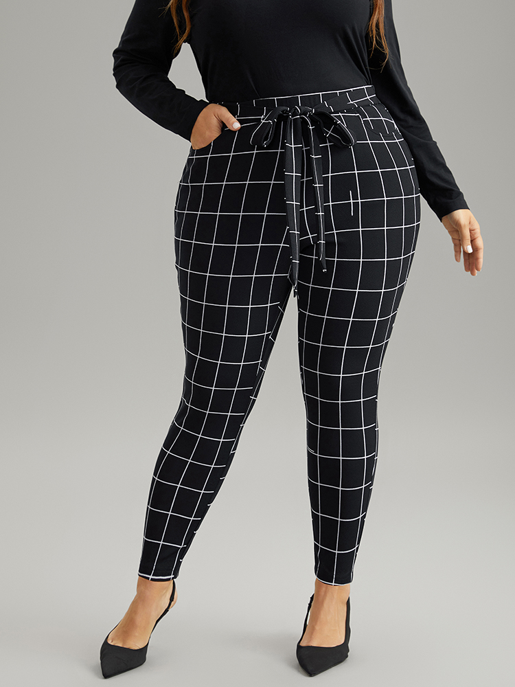 

Plus Size Plaid Elastic Waist Ties Bodycon Pants Women Black Elegant Bodycon High Rise Dailywear Pants BloomChic