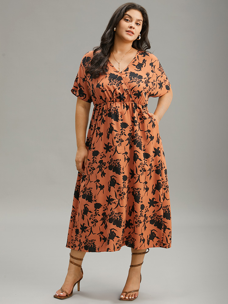 Plus Size Women Dailywear Silhouette Floral Print Wrap Dolman Sleeve Short sleeve V-neck Pocket Elegant Dresses BloomChic 