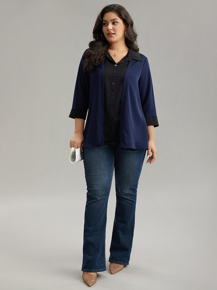 

Plus Size Contrast Patchwork Shirt Collar Button Through Blouse Indigo Elbow-length sleeve Shirt collar Office Shirts