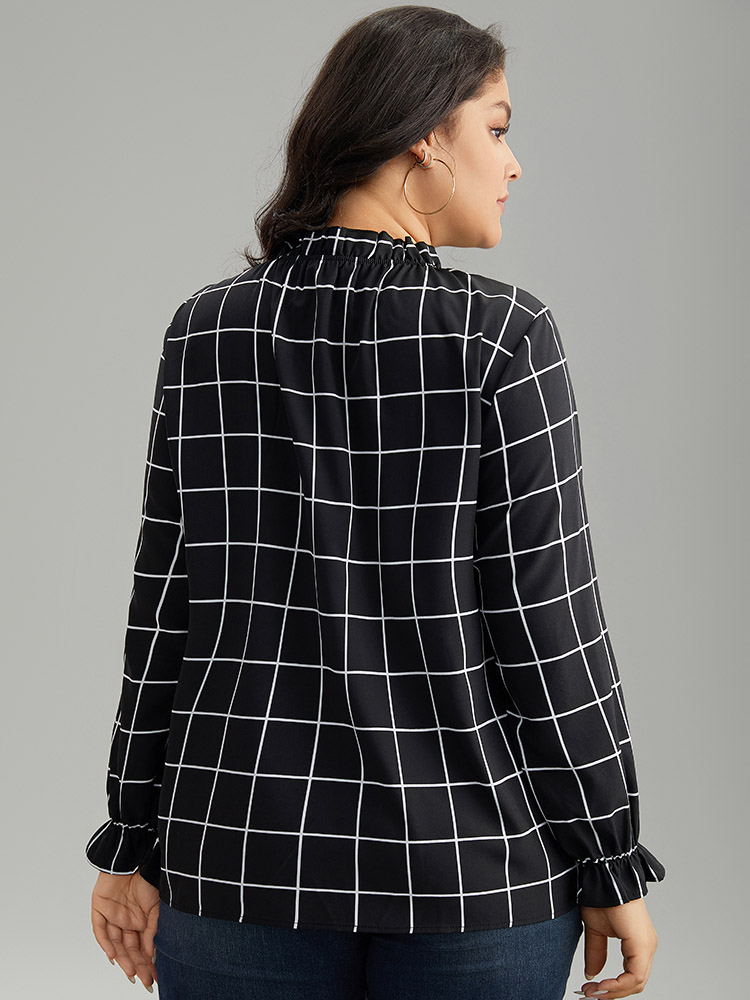 Plus Size Women Work Plaid Elastic cuffs Lantern Sleeve Long Sleeve Stand-up collar Office Blouses BloomChic 