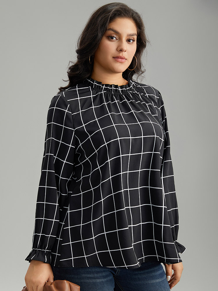 

Plus Size Black Plaid Stand Collar Ruffles Lantern Sleeve Blouse Women Office Long Sleeve Stand-up collar Work Blouses BloomChic