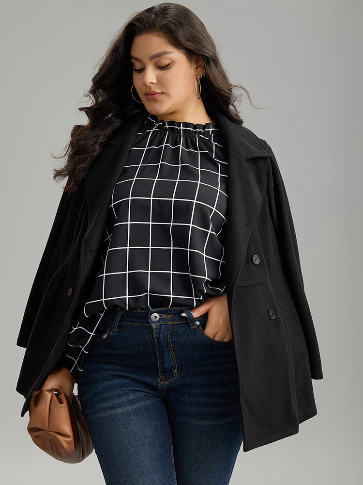 Plus Size Women Work Plaid Elastic cuffs Lantern Sleeve Long Sleeve Stand-up collar Office Blouses BloomChic 