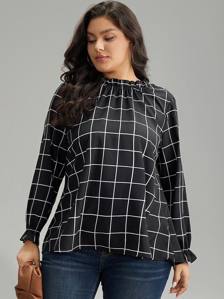 Plus Size Women Work Plaid Elastic cuffs Lantern Sleeve Long Sleeve Stand-up collar Office Blouses BloomChic 
