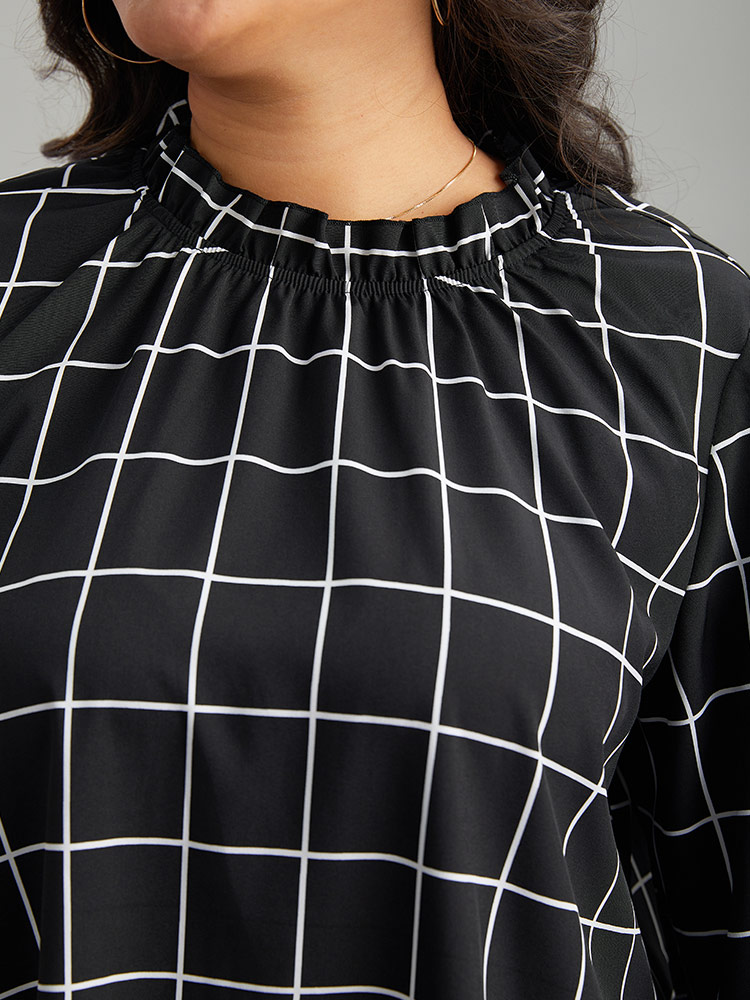 Plus Size Women Work Plaid Elastic cuffs Lantern Sleeve Long Sleeve Stand-up collar Office Blouses BloomChic 