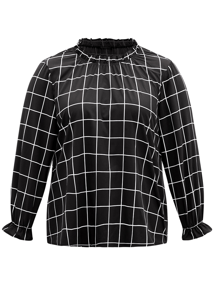 Plus Size Women Work Plaid Elastic cuffs Lantern Sleeve Long Sleeve Stand-up collar Office Blouses BloomChic 