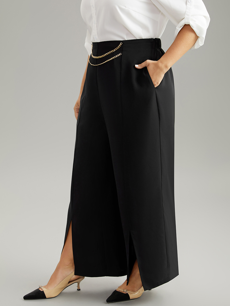 Plus Size Static-Free Metal Chain Detail Split Hem Pants Women Black At the Office Straight Leg High Rise Work Pants BloomChic 28/5X 
