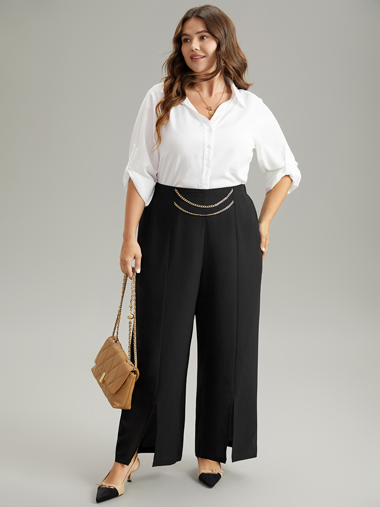 Plus Size Static-Free Metal Chain Detail Split Hem Pants Women Black At the Office Straight Leg High Rise Work Pants BloomChic 28/5X 