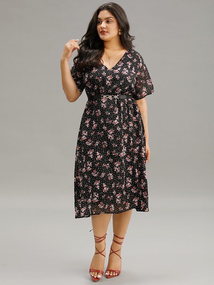 Plus Size Polka Dot & Floral Print Pocket V Neck Dress Black Women Elegant Lined V-neck Short sleeve Curvy Midi Dress BloomChic 14-16/1X 