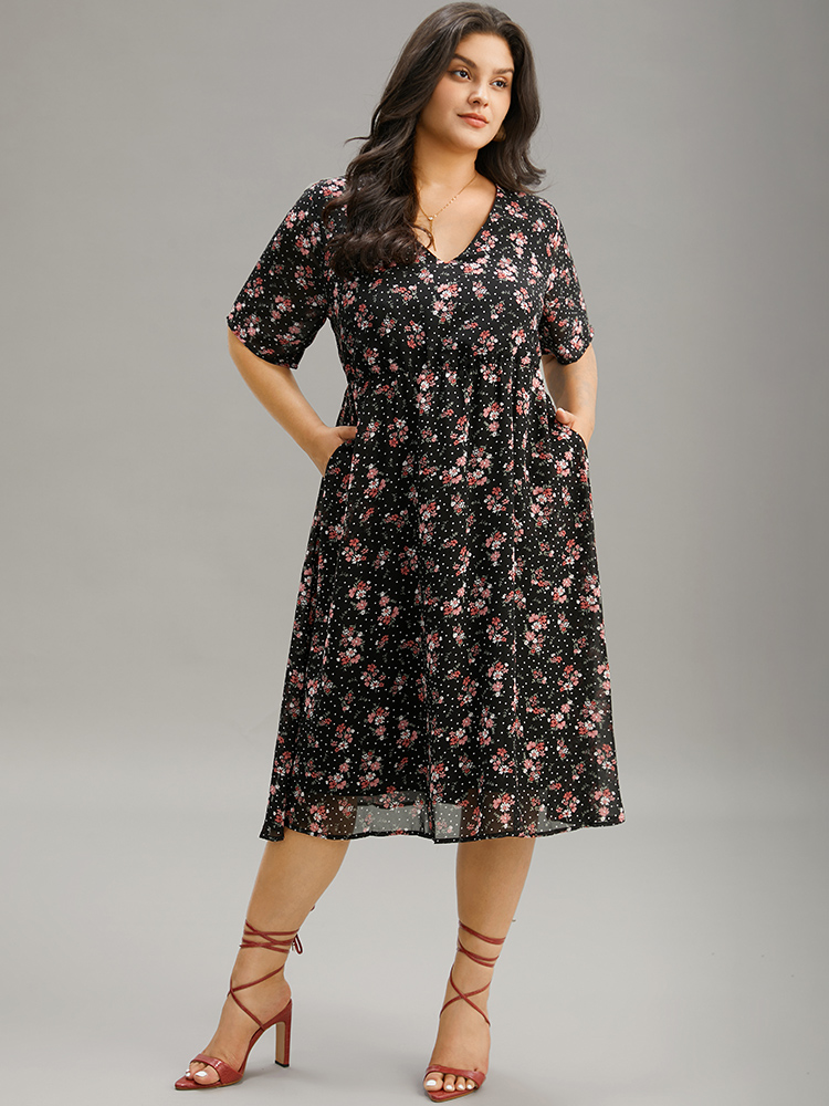 Plus Size Polka Dot & Floral Print Pocket V Neck Dress Black Women Elegant Lined V-neck Short sleeve Curvy Midi Dress BloomChic 14-16/1X 
