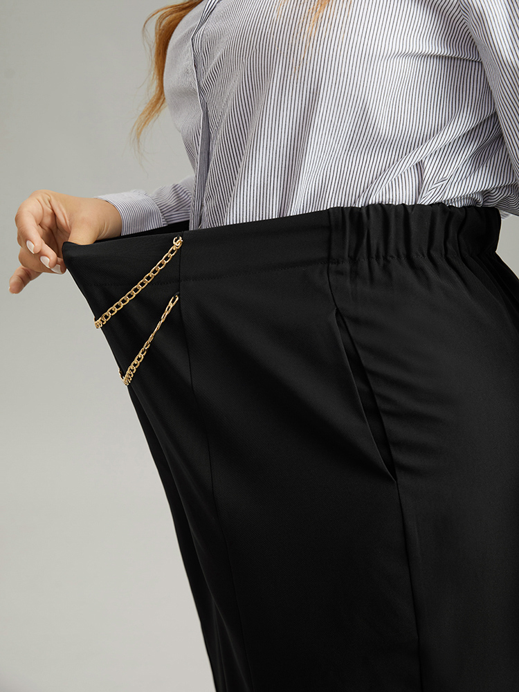 Plus Size Static-Free Metal Chain Detail Split Hem Pants Women Black At the Office Straight Leg High Rise Work Pants BloomChic 28/5X 