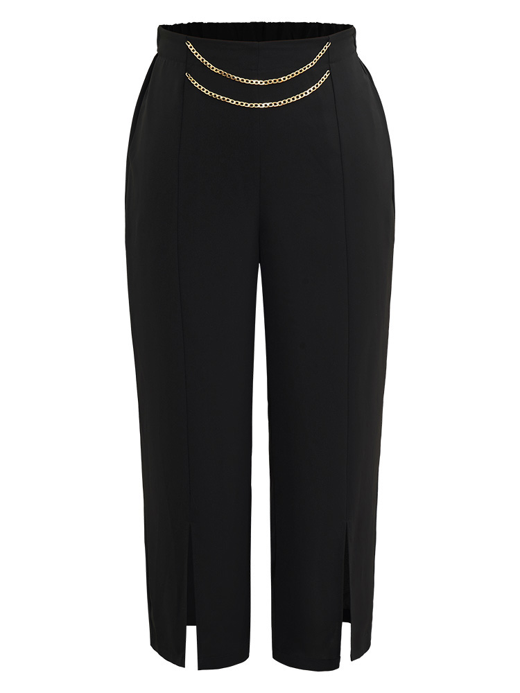 Plus Size Static-Free Metal Chain Detail Split Hem Pants Women Black At the Office Straight Leg High Rise Work Pants BloomChic 28/5X 