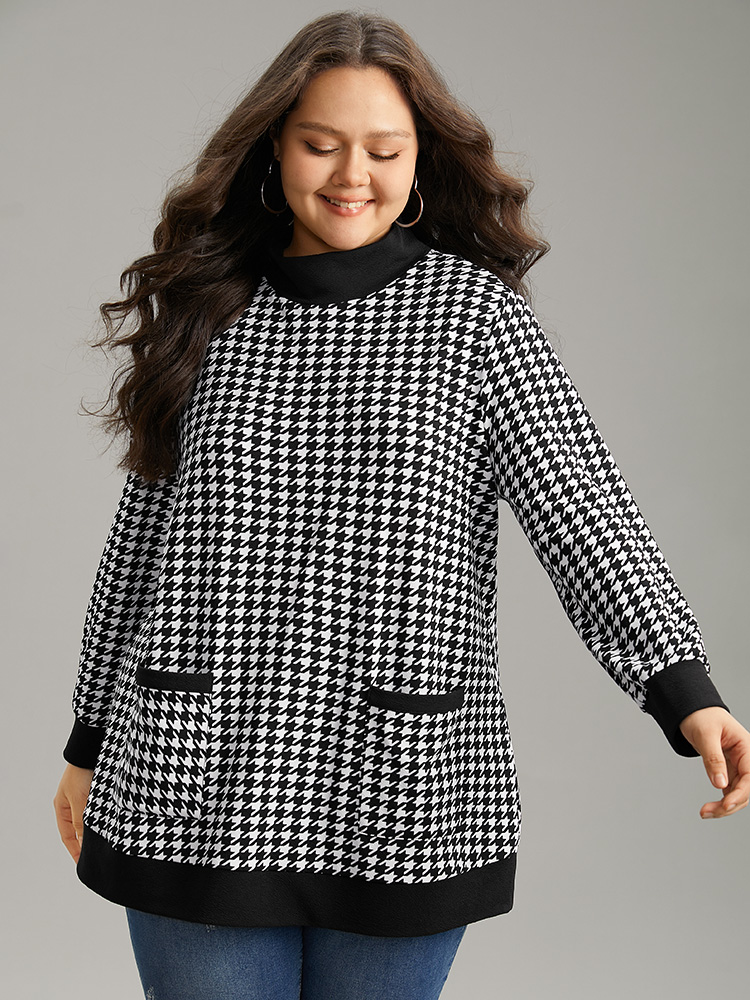 Plus Size Houndstooth Patched Pocket Mock Neck Sweatshirt Women Black Casual Contrast Mock Neck Dailywear Sweatshirts BloomChic 22-24/3X 