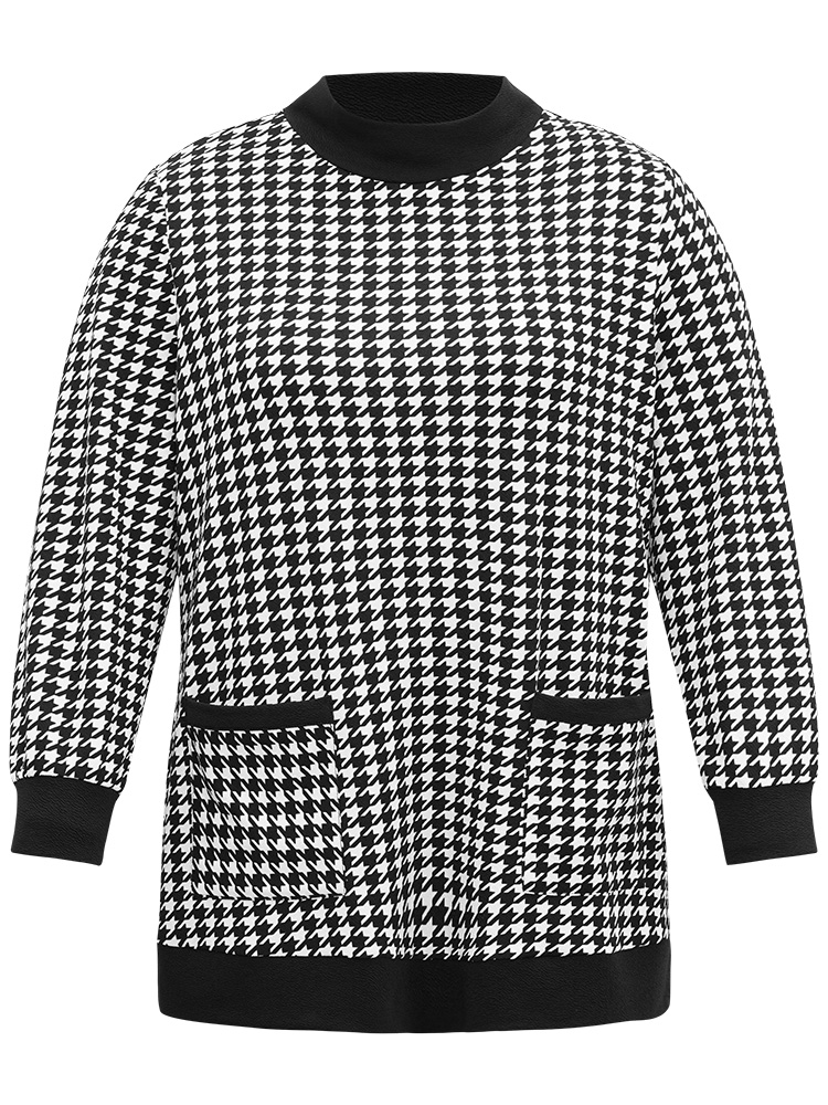 Plus Size Houndstooth Patched Pocket Mock Neck Sweatshirt Women Black Casual Contrast Mock Neck Dailywear Sweatshirts BloomChic 22-24/3X 