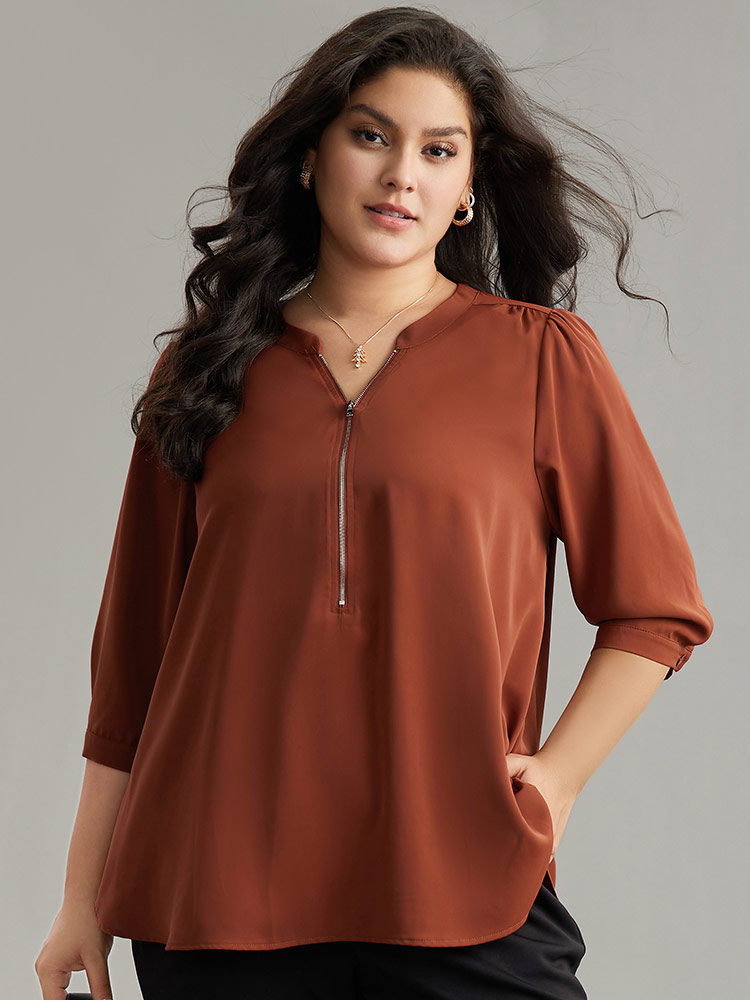 

Plus Size Rust Plain Half Zip Gathered Blouse Women Work From Home Elbow-length sleeve V-neck Work Blouses BloomChic