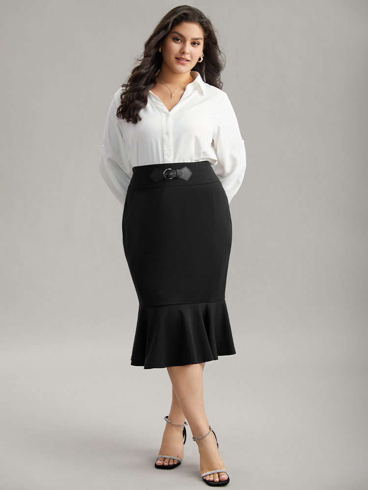 Plus Size Plain Ruffles Buckle Detail Mermaid Hem Skirt Women Black Office Style accents Bodycon Medium stretch Work Skirts BloomChic 26/4X 