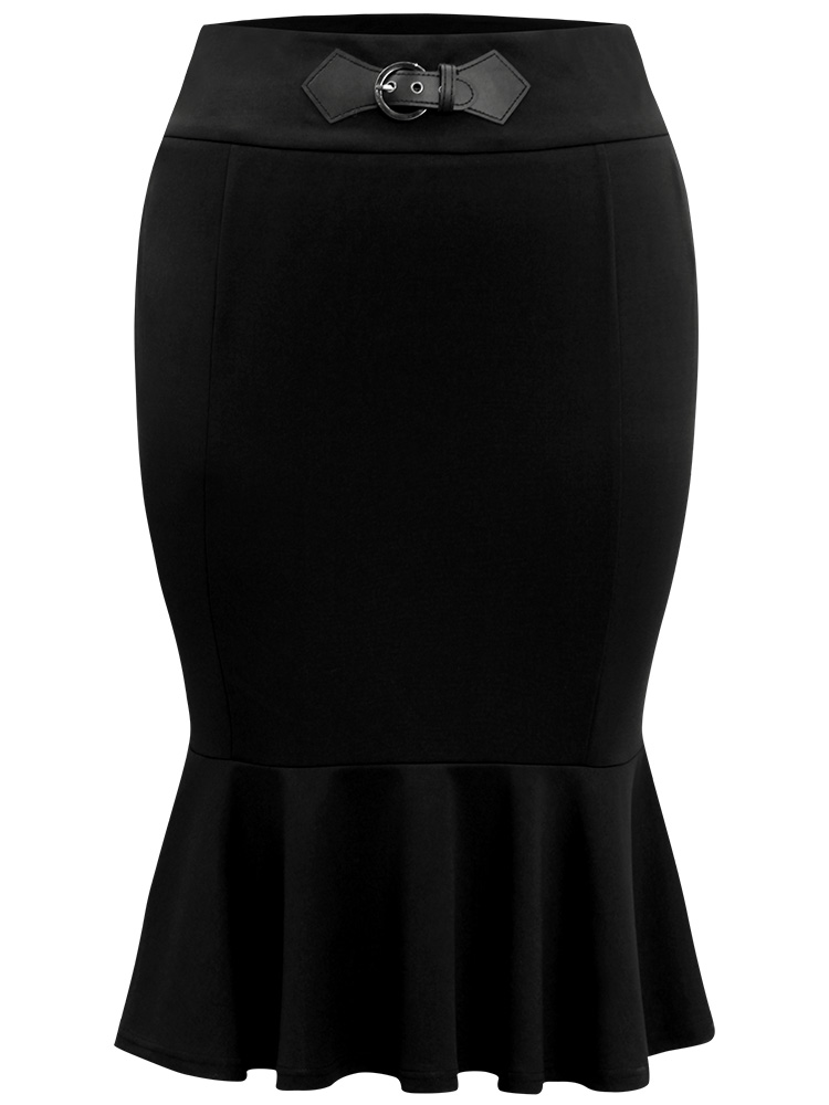 Plus Size Plain Ruffles Buckle Detail Mermaid Hem Skirt Women Black Office Style accents Bodycon Medium stretch Work Skirts BloomChic 26/4X 
