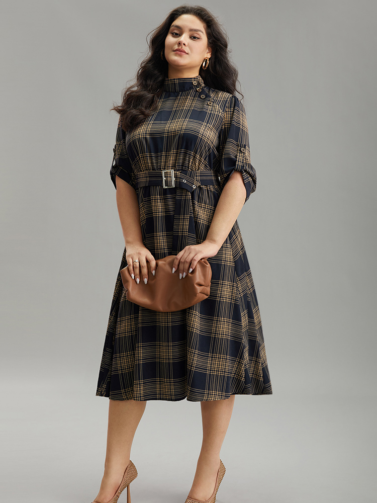 

Plus Size Mock Neck Plaid Buckle Detail Belted Dress Indigo Women Office Belted Mock Neck Elbow-length sleeve Curvy Midi Dress BloomChic