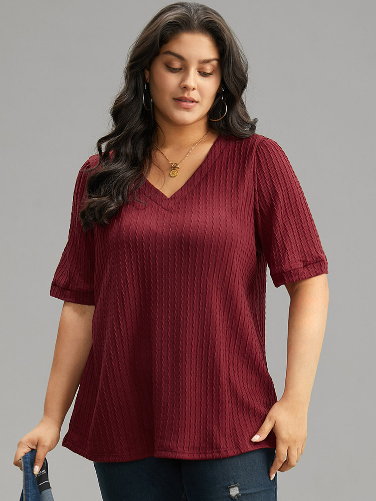 

Plus Size Plain Texture V Neck Gathered Lantern Sleeve T-shirt Burgundy Women Casual Texture Plain V-neck Dailywear T-shirts BloomChic