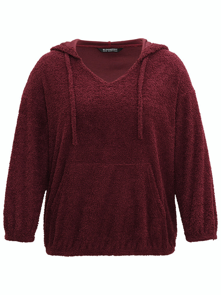 

Plus Size Fuzzy Solid Hooded Pocket Ties Sweatshirt Women Burgundy Casual Elastic cuffs Hooded Dailywear Sweatshirts BloomChic