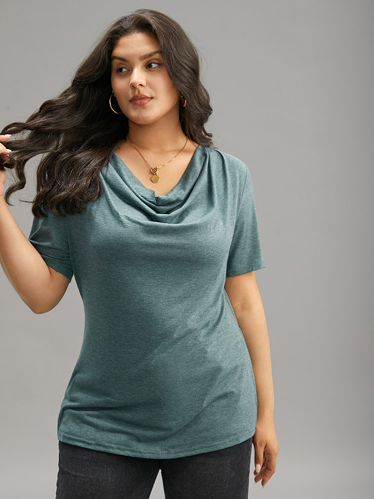 

Plus Size Solid Heather Cowl Neck Flutter Sleeve T-shirt Green Women Elegant Plain Plain Cowl Neck Dailywear T-shirts BloomChic