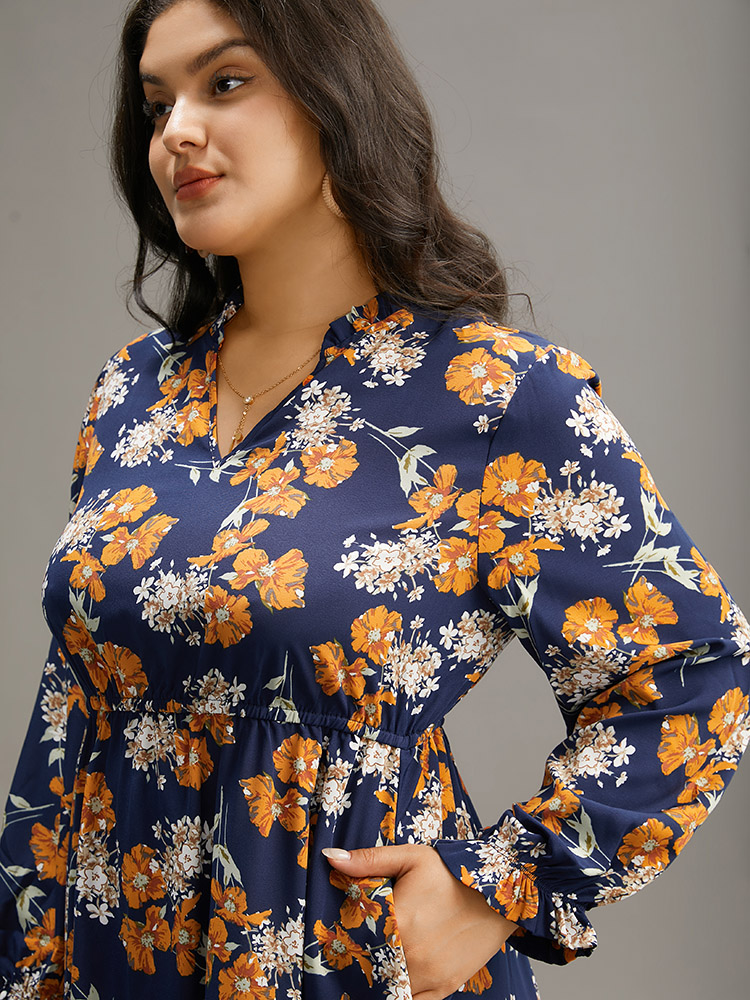 

Plus Size Floral Print Pocket Frill Trim Ruffle Dress DarkBlue Women Elegant Elastic cuffs Notched collar Long Sleeve Curvy Midi Dress BloomChic