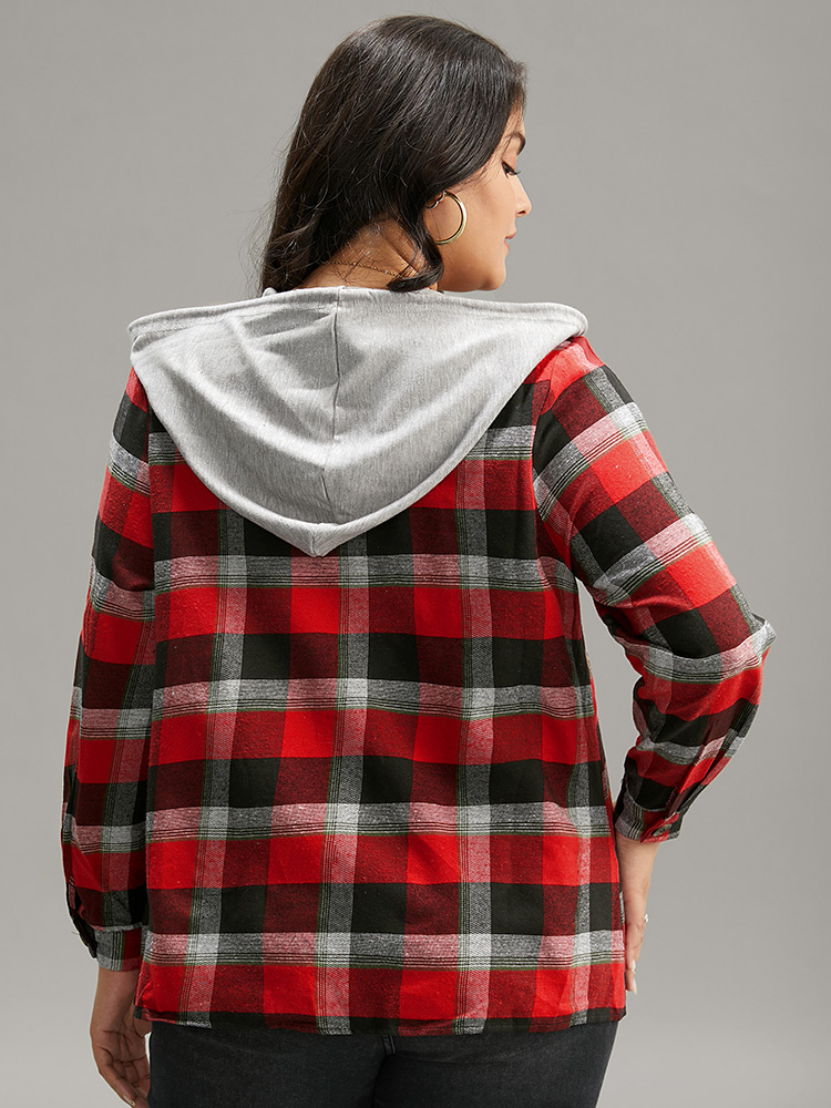 Plus Size Plaid Patchwork Hooded Drawstring Button Through Jacket Women Red Dailywear Jackets BloomChic 12/L 