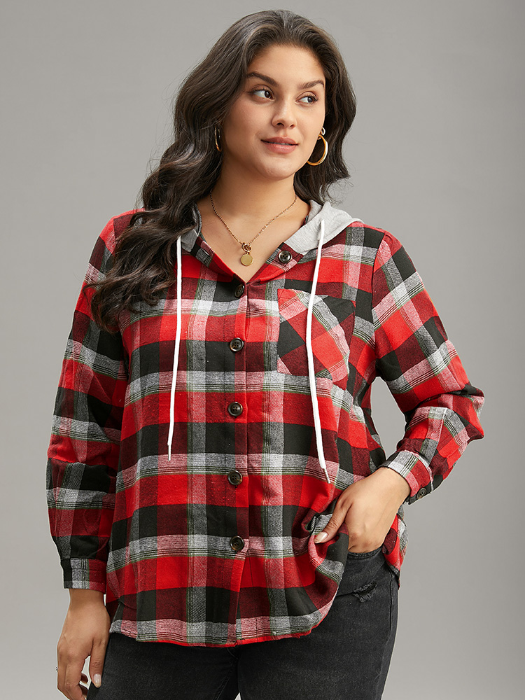 Plus Size Plaid Patchwork Hooded Drawstring Button Through Jacket Women Red Dailywear Jackets BloomChic 12/L 