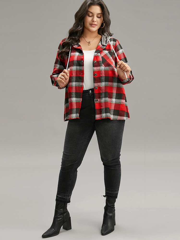 Plus Size Plaid Patchwork Hooded Drawstring Button Through Jacket Women Red Dailywear Jackets BloomChic 12/L 