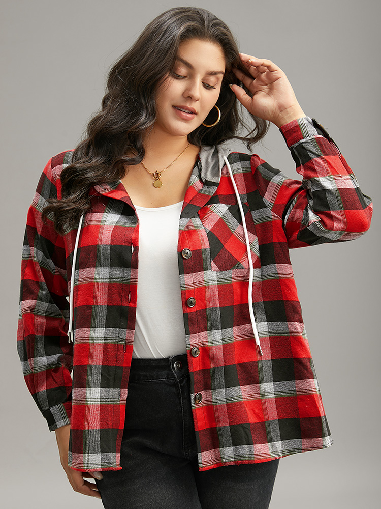 

Plus Size Plaid Patchwork Hooded Drawstring Button Through Jacket Women Red Dailywear Jackets BloomChic