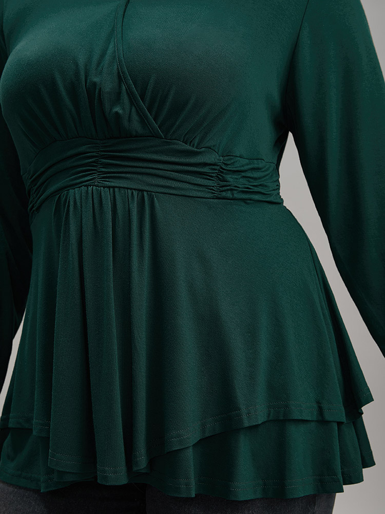 

Plus Size Supersoft Essentials Plain Ruffle Hem Wrap Ruched T-shirt Green Overlap Collar Long Sleeve Elegant Jersey Tops