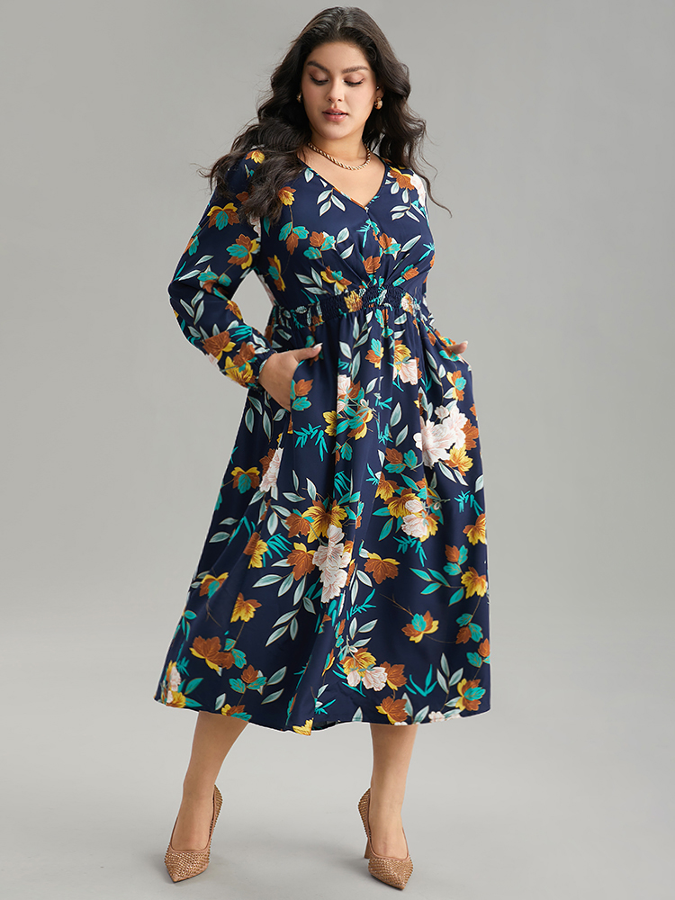 

Plus Size Floral Print Shirred Lantern Sleeve Dress DarkBlue Women Elegant Elastic cuffs V-neck Long Sleeve Curvy Midi Dress BloomChic