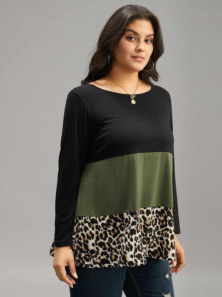 Plus Size Women Everyday Leopard Contrast Regular Sleeve Long Sleeve Round Neck Casual T-shirts BloomChic 