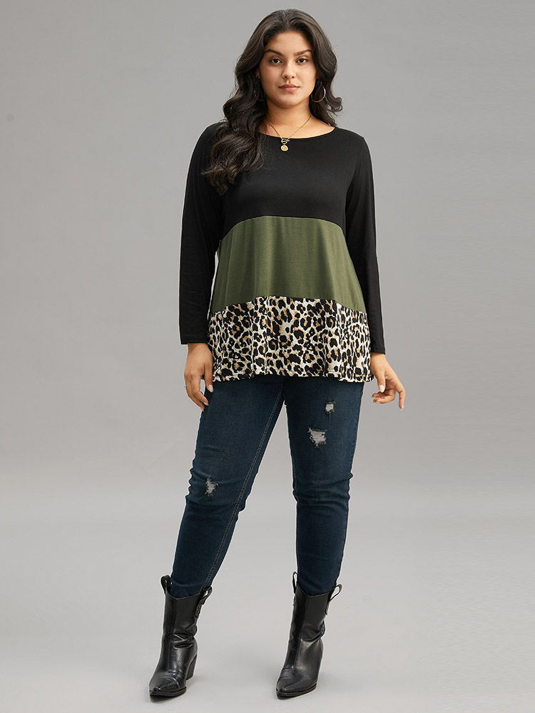 Plus Size Women Everyday Leopard Contrast Regular Sleeve Long Sleeve Round Neck Casual T-shirts BloomChic 