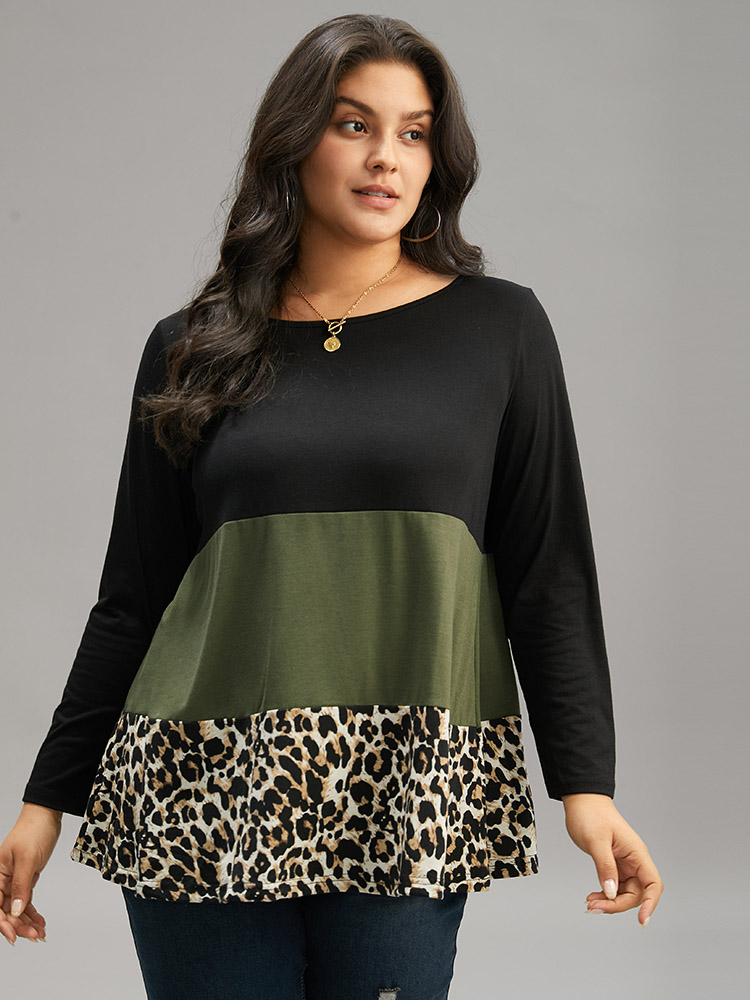 Plus Size Women Everyday Leopard Contrast Regular Sleeve Long Sleeve Round Neck Casual T-shirts BloomChic 