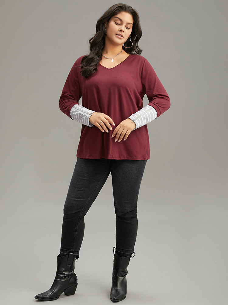 Plus Size Women Festival-Halloween Striped Contrast Regular Sleeve Long Sleeve V-neck Casual T-shirts BloomChic 