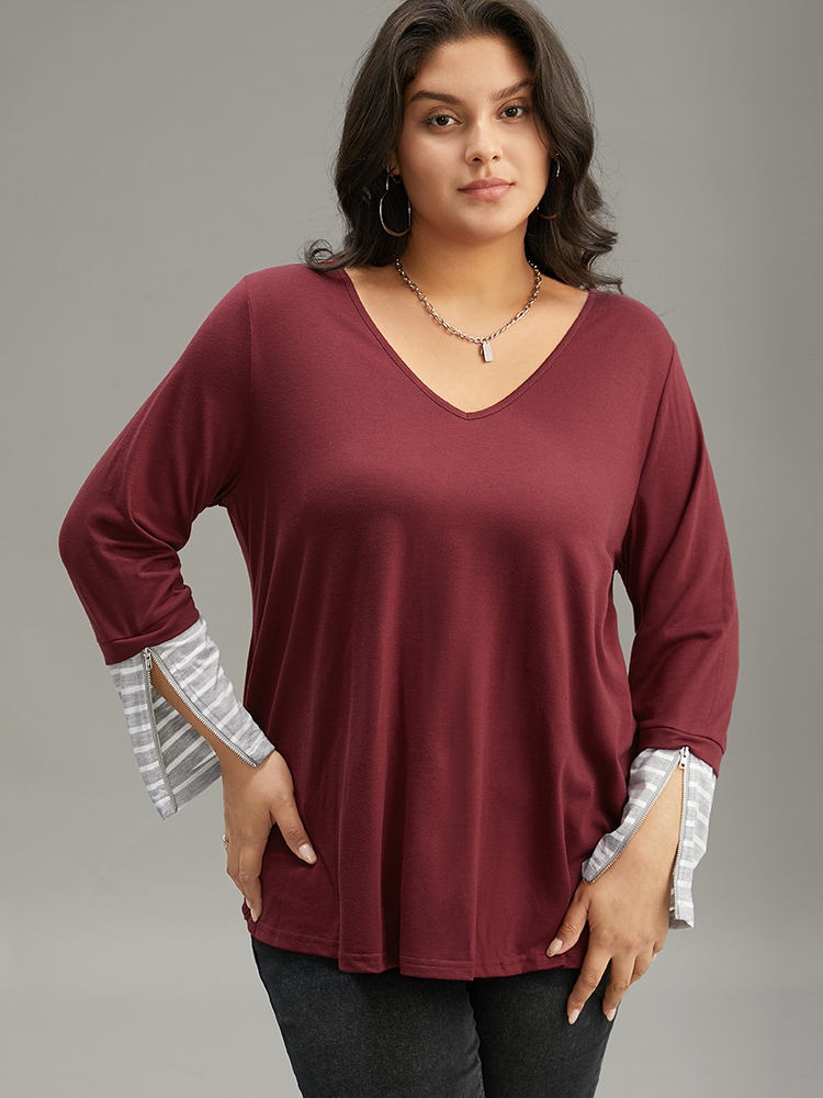 Plus Size Women Festival-Halloween Striped Contrast Regular Sleeve Long Sleeve V-neck Casual T-shirts BloomChic 