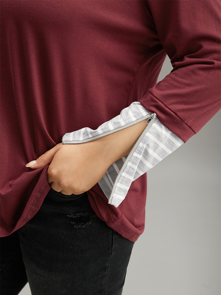 

Plus Size Halloween Patchwork Striped Zipper T-shirt Scarlet V-neck Long Sleeve Casual Jersey Tops