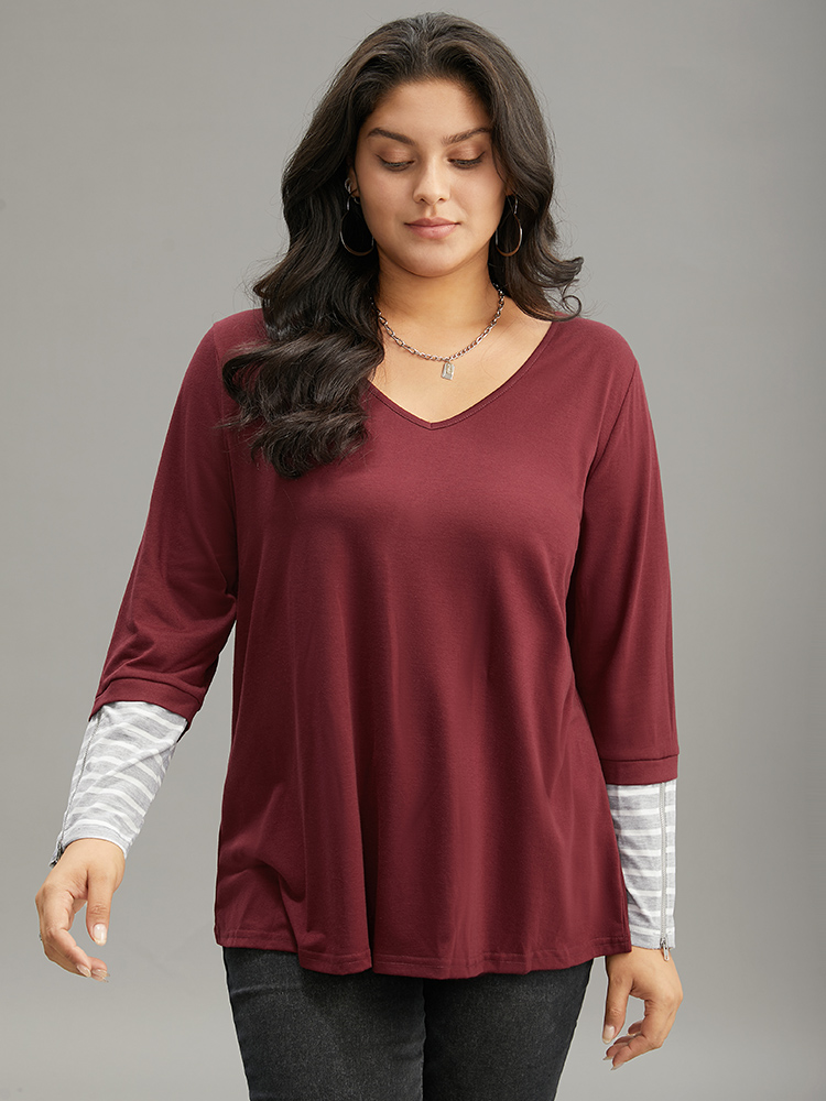 Plus Size Women Festival-Halloween Striped Contrast Regular Sleeve Long Sleeve V-neck Casual T-shirts BloomChic 