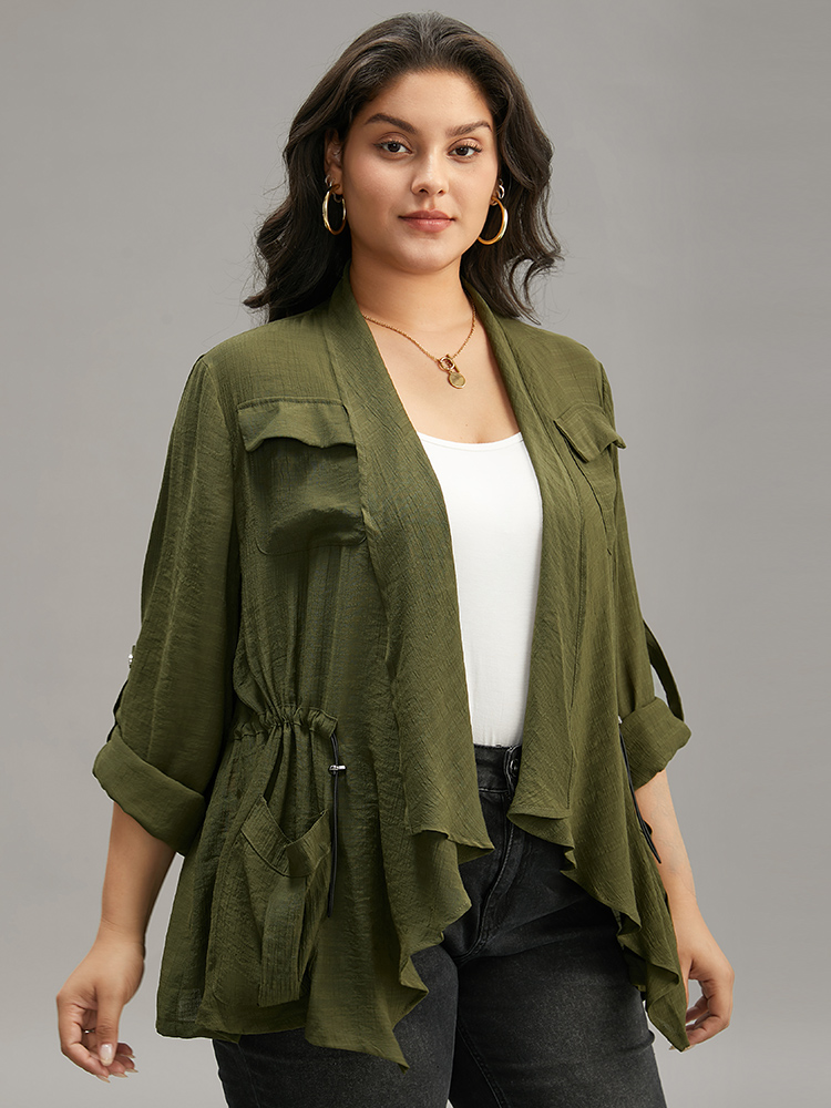 Plus Size Supersoft Essentials Plain Pocket Asymmetrical Drawstring Coat Women ArmyGreen Plain Pocket Dailywear Jackets BloomChic 22-24/3X 
