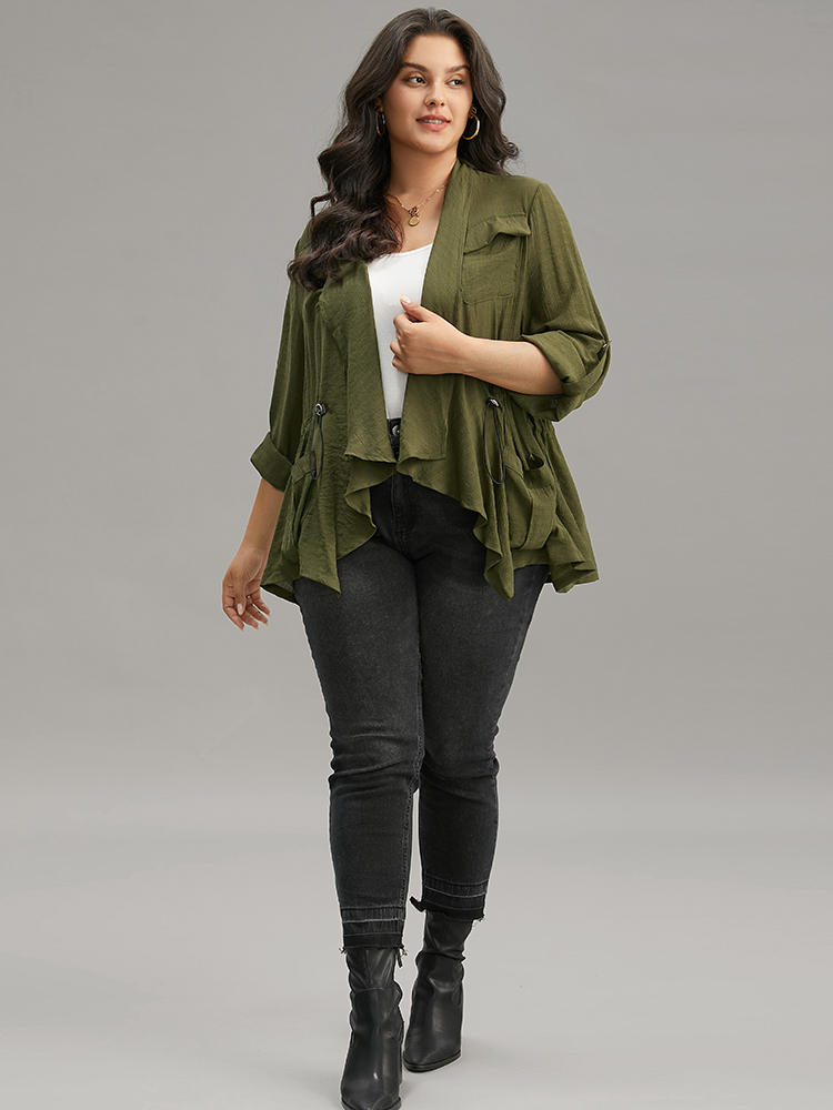 Plus Size Supersoft Essentials Plain Pocket Asymmetrical Drawstring Coat Women ArmyGreen Plain Pocket Dailywear Jackets BloomChic 22-24/3X 