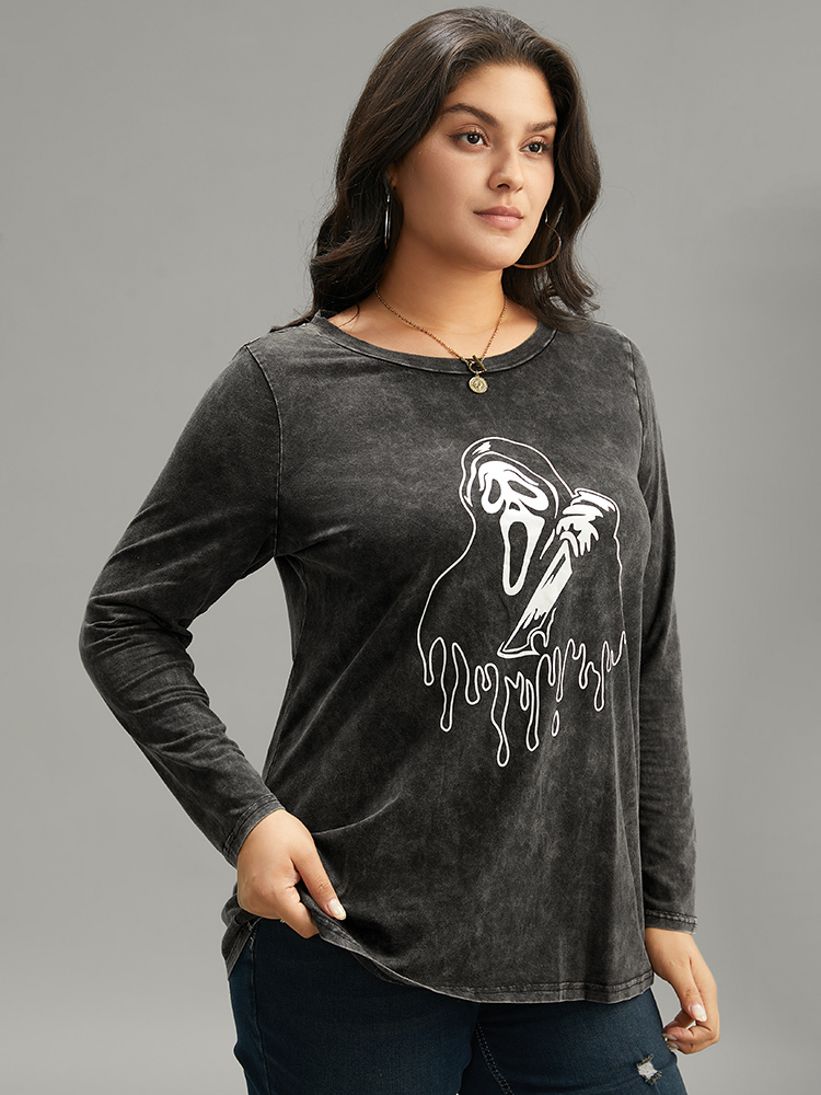 Plus Size Halloween Supersoft Essentials Skull Print Vintage T-shirt Black Women Casual Printed Halloween Festival-Halloween T-shirts BloomChic 22-24/3X 
