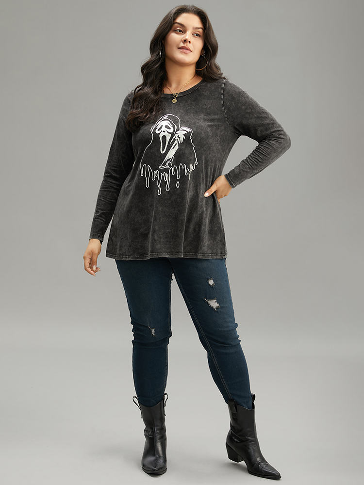 

Plus Size Halloween Supersoft Essentials Skull Print Vintage T-shirt Black Women Casual Printed Halloween Festival-Halloween T-shirts BloomChic