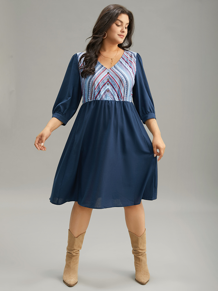 

Plus Size Boho Print Striped Patchwork Lantern Sleeve Dress Indigo Women Vacation Printed V-neck Elbow-length sleeve Curvy Midi Dress BloomChic