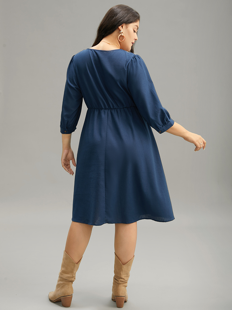 Plus Size Boho Print Striped Patchwork Lantern Sleeve Dress Indigo Women Vacation Printed V-neck Elbow-length sleeve Curvy Midi Dress BloomChic 14-16/1X 