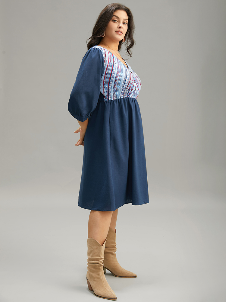 Plus Size Boho Print Striped Patchwork Lantern Sleeve Dress Indigo Women Vacation Printed V-neck Elbow-length sleeve Curvy Midi Dress BloomChic 14-16/1X 