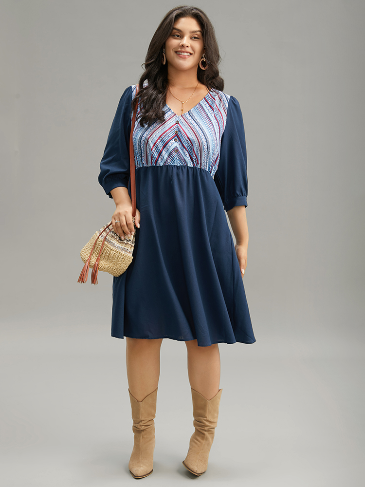 Plus Size Boho Print Striped Patchwork Lantern Sleeve Dress Indigo Women Vacation Printed V-neck Elbow-length sleeve Curvy Midi Dress BloomChic 14-16/1X 