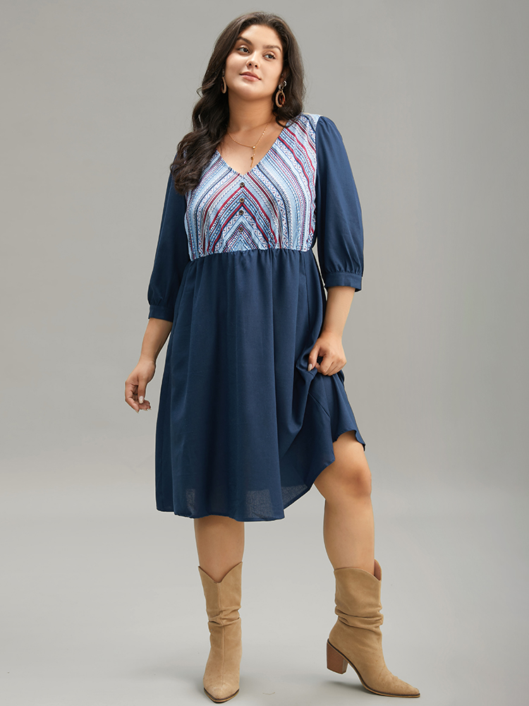 Plus Size Boho Print Striped Patchwork Lantern Sleeve Dress Indigo Women Vacation Printed V-neck Elbow-length sleeve Curvy Midi Dress BloomChic 14-16/1X 