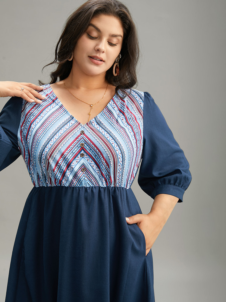 

Plus Size Boho Print Striped Patchwork Lantern Sleeve Dress Indigo Women Vacation Printed V-neck Elbow-length sleeve Curvy Midi Dress BloomChic